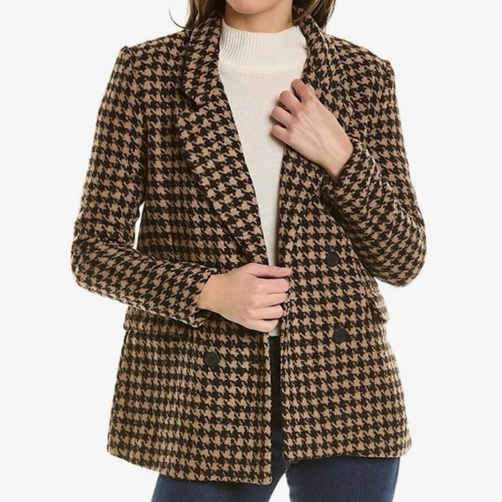 BLANK NYC Houndstooth Blazer Small Double Breasted Jacket Brown Black Tailored